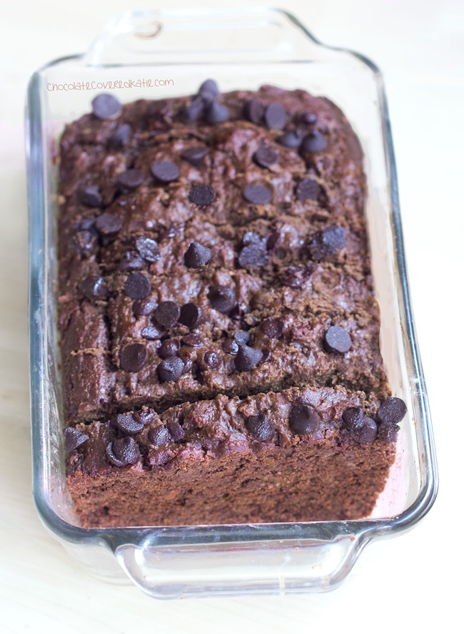 Low-fat, low-calorie, dairy-free, egg-free, and NO refined sugar! With two full cups of banana in the recipe, lowering the fat without sacrificing flavor: http://chocolatecoveredkatie.com/2015/04/06/dark-chocolate-banana-bread/