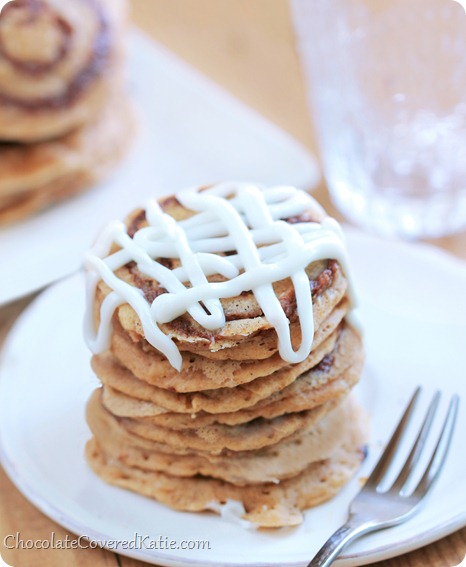 Cinnamon Roll Pancakes: http://chocolatecoveredkatie.com/2014/01/24/cinnamon-roll-pancakes/