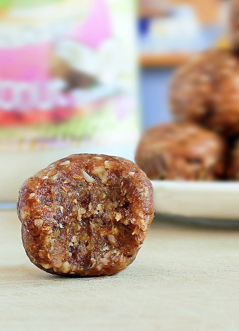 A simple no-bake snack that can be made in under 5 minutes, and both kids and adults will gobble them up: http://chocolatecoveredkatie.com/2012/05/02/2-ingredient-coconut-cookie-dough-balls/