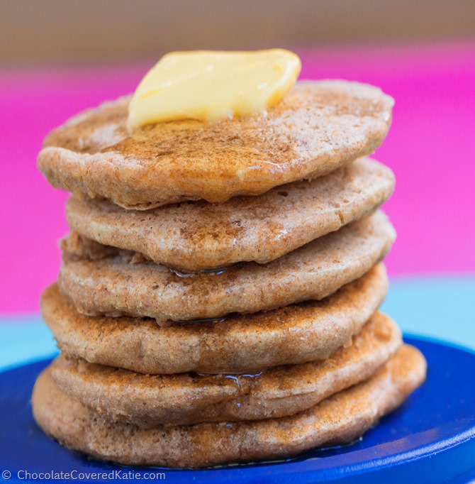 Irresistibly light & fluffy... You can eat eight pancakes for under 200 calories. See the full recipe here: http://chocolatecoveredkatie.com/2015/02/17/fatcake-pancakes/