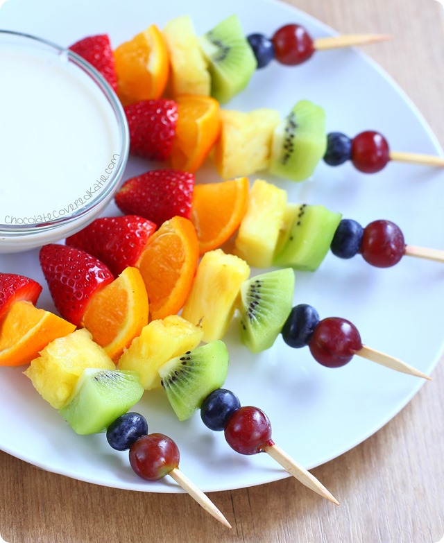 Rainbow fruit kabobs from @choccoveredkt. Easy to make & kid-friendly snack. http://chocolatecoveredkatie.com/2015/05/15/rainbow-fruit-kabobs/