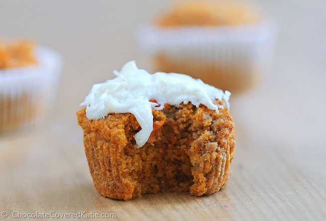 The recipe for fluffy & secretly healthy carrot cake cupcakes that can be sugar-free, gluten-free, high-fiber, low-calorie, and with an astounding 74% of your recommended Vitamin A in one cupcake! Recipe: here: http://chocolatecoveredkatie.com/2015/04/01/healthy-carrot-cake-cupcakes/