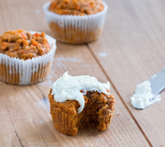 Low-fat, high-fiber, soft & fluffy carrot cake cupcakes with a secretly healthy frosting and an astonishing 74% of your recommended Vitamin A in one serving! Recipe here: http://chocolatecoveredkatie.com/2015/04/01/healthy-carrot-cake-cupcakes/ 