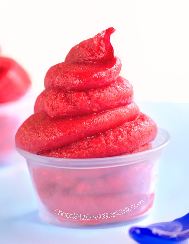 Easy recipe for Disney's popular frozen dessert --- just 5 ingredients: http://chocolatecoveredkatie.com/2015/04/23/strawberry-dole-whip-recipe/